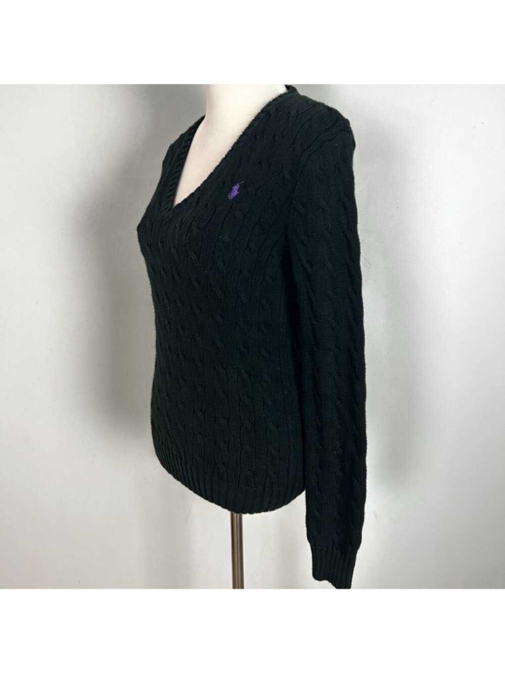 Vtg Ralph Lauren Sport Black Cable Knit V-neck Sweater Old Money Y2K Size Large - Picture 2 of 5